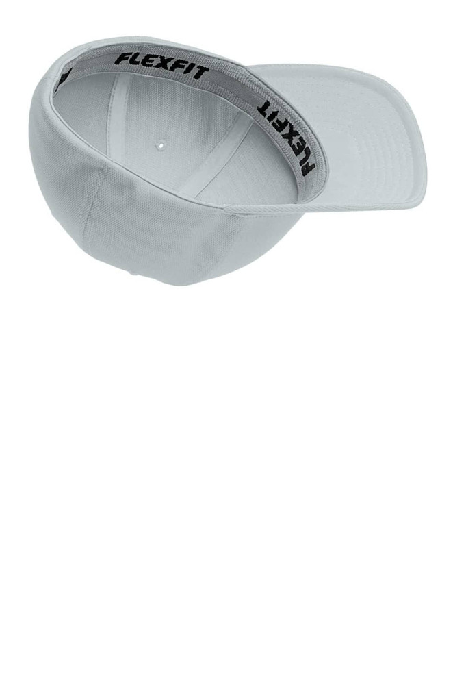 A grey Flexfit cap featuring a pre-curved visor and an inner band logo.