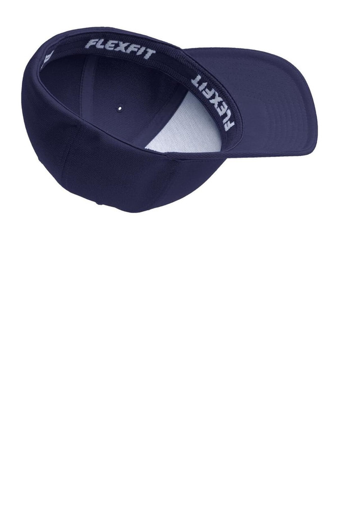 A dark navy cap with a smooth underside and a logo on the interior band. It features a cool and dry poly mesh design.