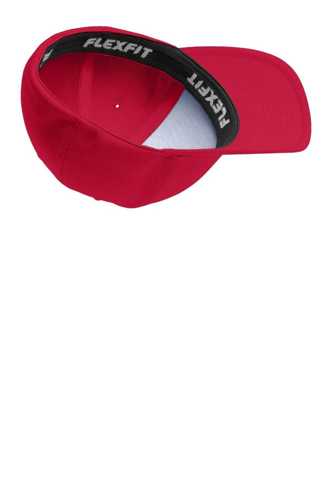 A red cap with a black inner band, featuring a logo at the back.