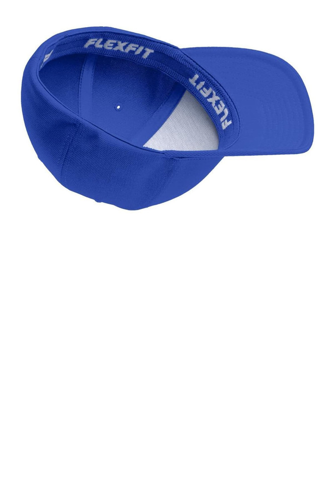 A blue Flexfit Cool & Dry Poly Block Mesh Cap featuring a branded inner band and a curved visor.