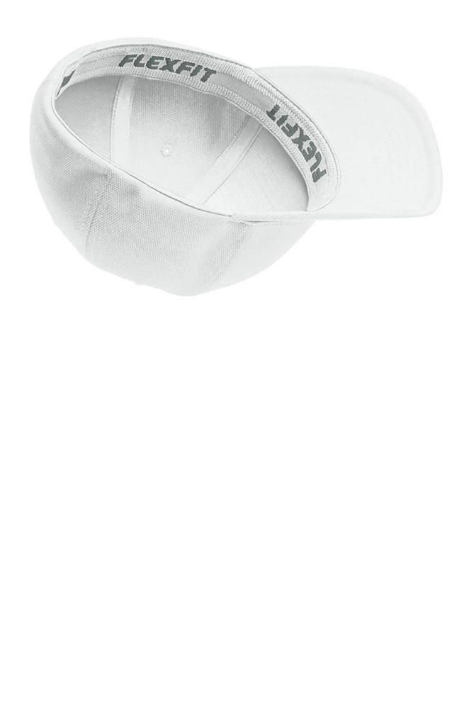 A white Sport-Tek Flexfit Cool & Dry Poly Block Mesh Cap featuring a branded interior and a curved visor.