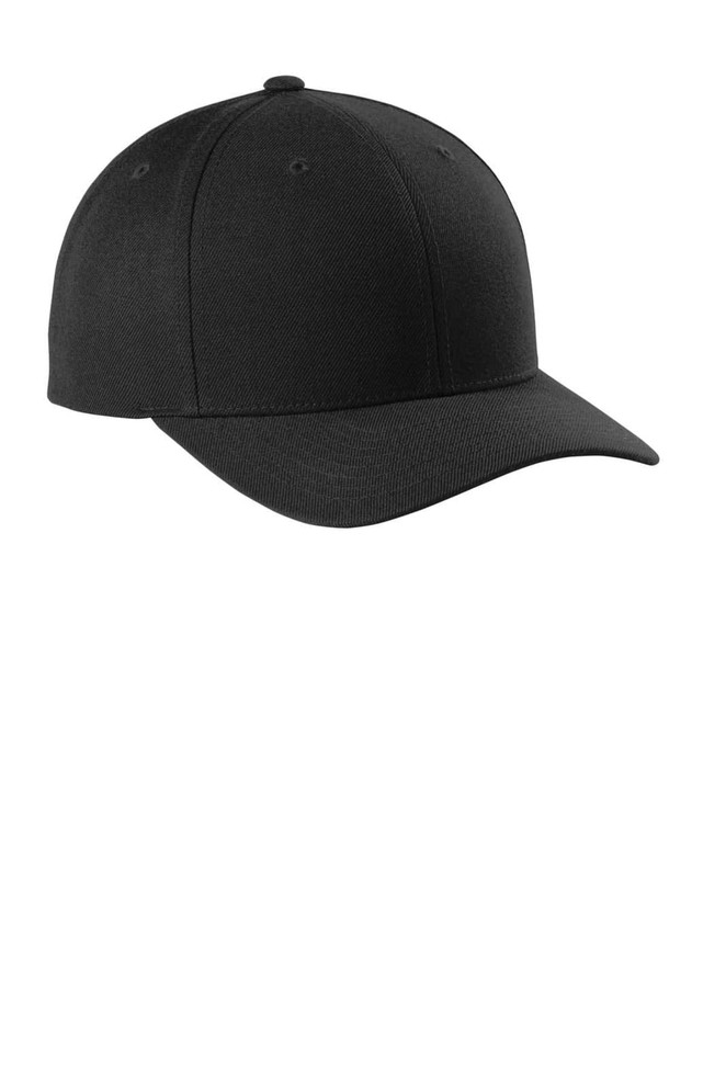A black snapback cap with a curved bill and six-panel design, featuring a logo on the front.