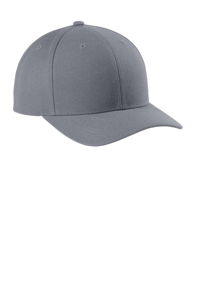A grey snapback cap with a curved bill and six-panel construction, featuring a logo.