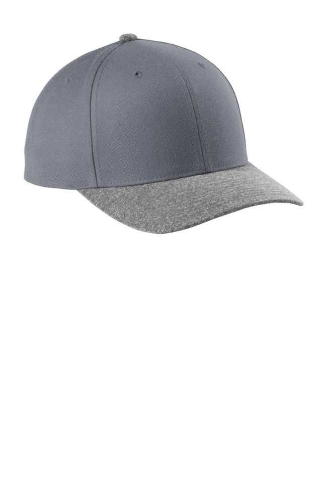 A grey snapback cap with a curved bill and a light grey underside, featuring a logo on the front.