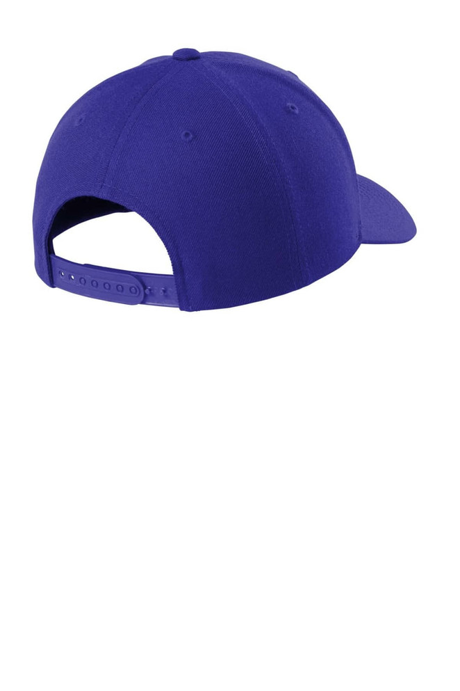 A purple snapback cap with a curved bill and an adjustable strap at the back. Includes a logo.