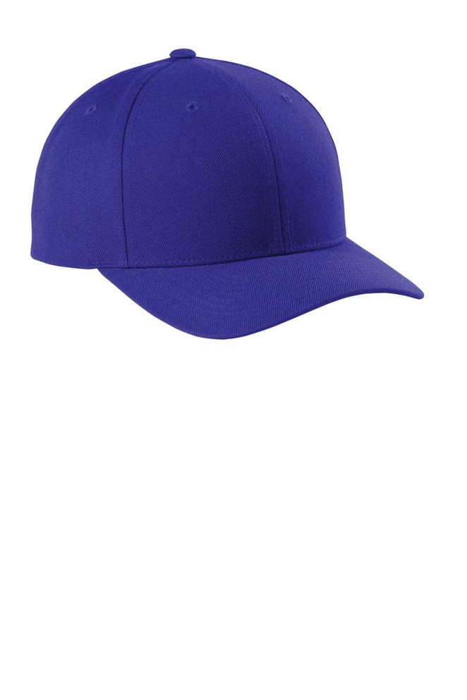 A purple snapback cap with a curved bill and a logo on it.