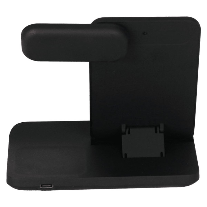 A black 3-in-1 wireless charger stand with a vertical holder for devices and a base for charging.