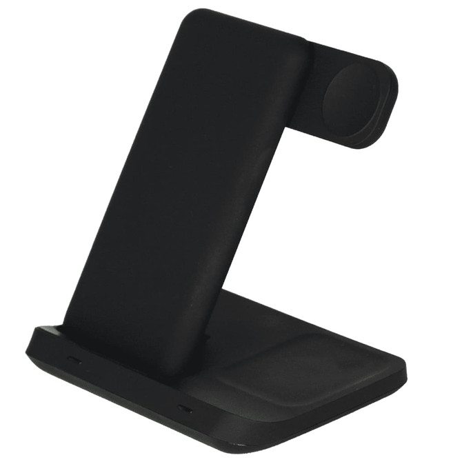 A black 3 in 1 wireless charger with a stand, featuring a sleek, modern design and a round wireless charging pad.
