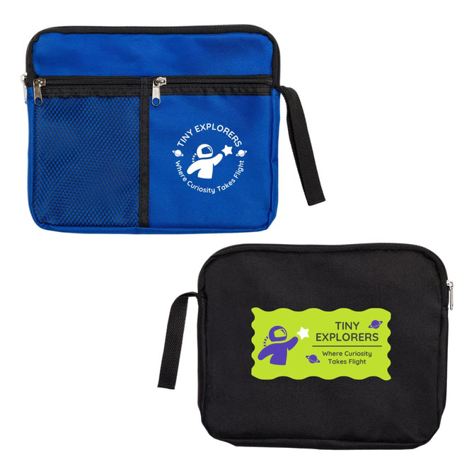 A blue and black utility pouch with a mesh pocket, featuring logos in contrasting colors on each side.