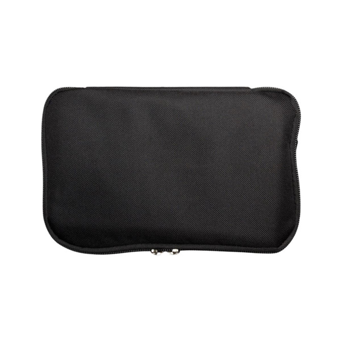 A black, zippered pouch with a smooth fabric exterior, featuring a simple design and no visible branding.