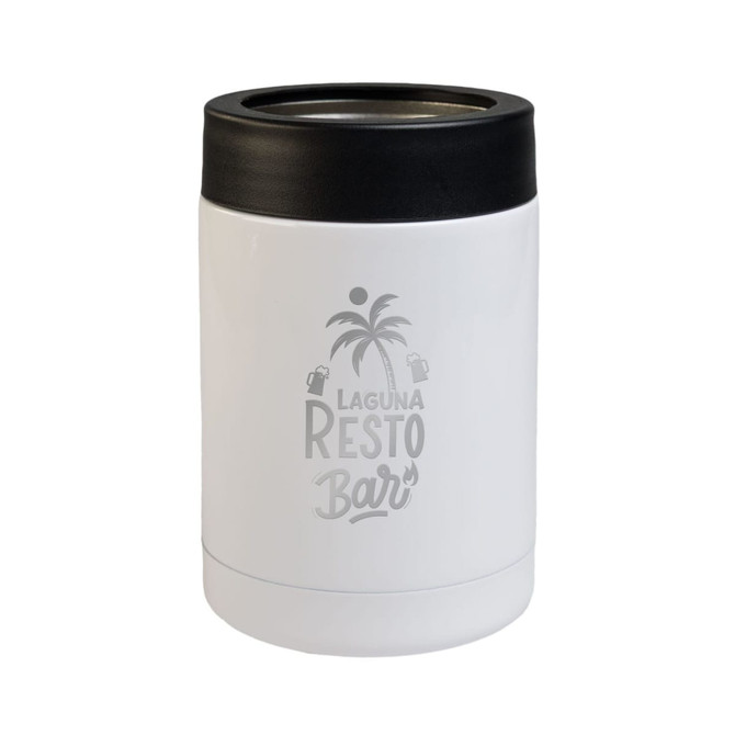 A white insulated drink container with a black lid, featuring a logo and a tropical palm tree design.