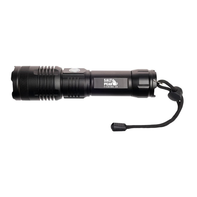 A black torch with a textured grip and a strap. It features a logo and is designed for outdoor use.