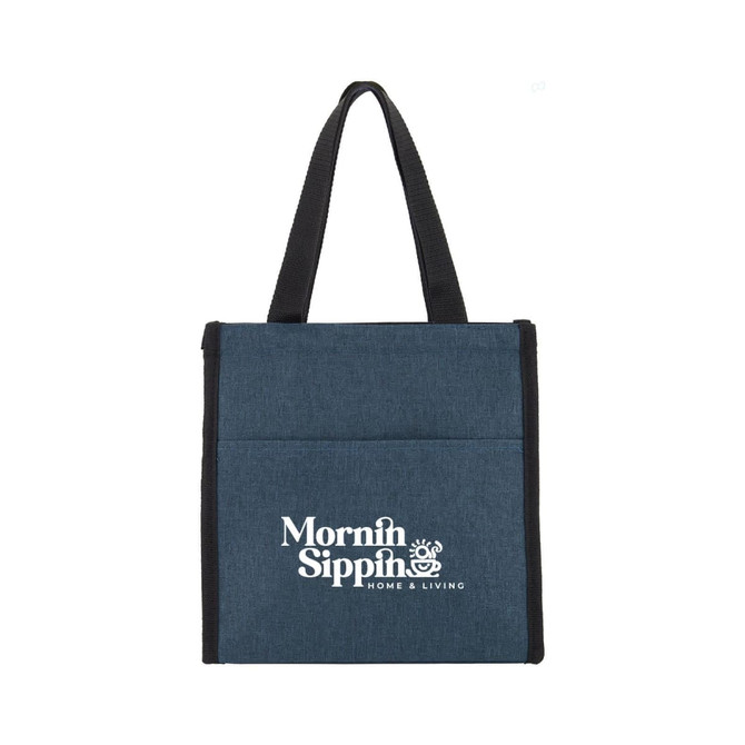 A blue tote bag with black straps and a logo on the front. The bag features a pocket and a simple design.