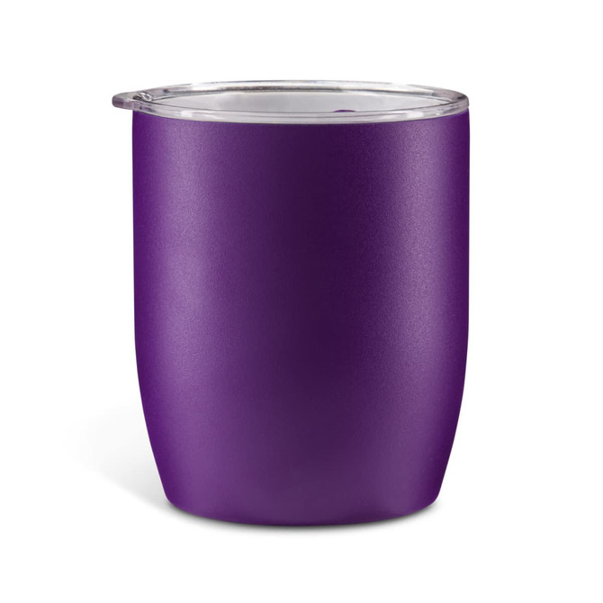 A purple insulated coffee cup with a clear lid, featuring a smooth, matte finish and a rounded design.