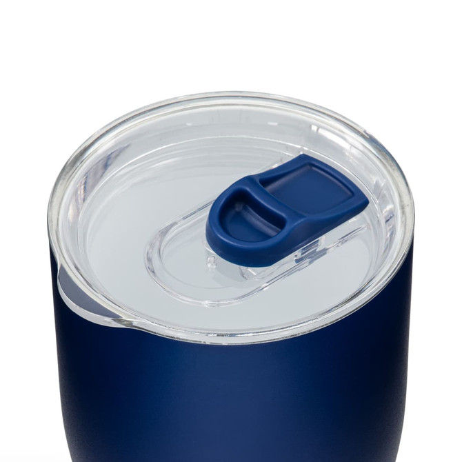 A drink bottle in navy blue, featuring a clear lid with a sliding opening mechanism and a logo.