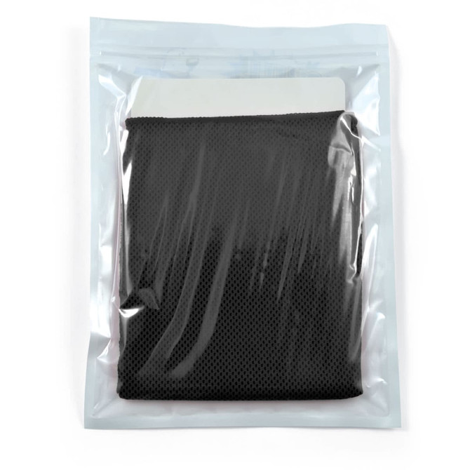 A black cooling towel packaged in a clear pouch, featuring a simple design and a branded logo.
