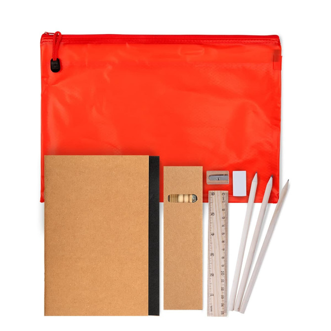 A red zip pouch containing two notebooks, a ruler, a pencil, an eraser, and two white pencils.
