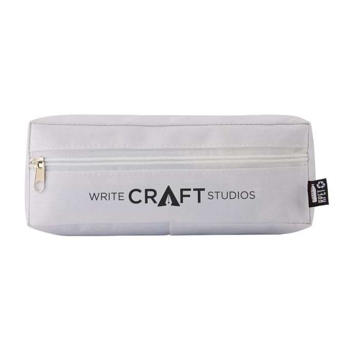 A white pencil case with a zipper and a logo on the front. It has a rectangular shape.