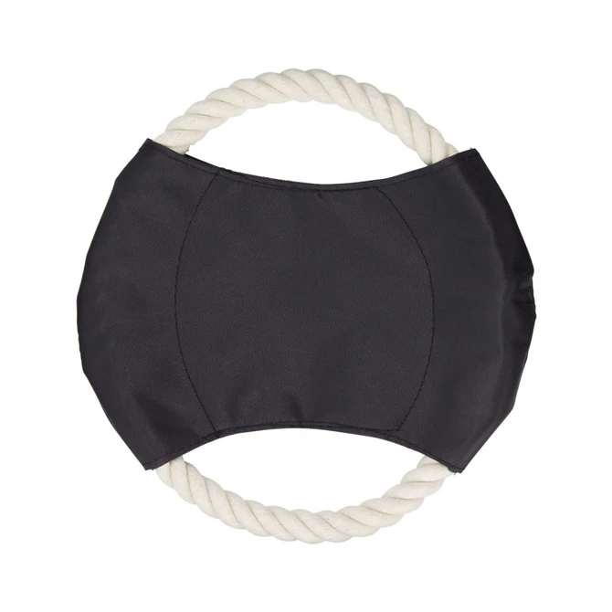 A black fabric toy with a white rope handle, designed for dogs, featuring a rounded shape.