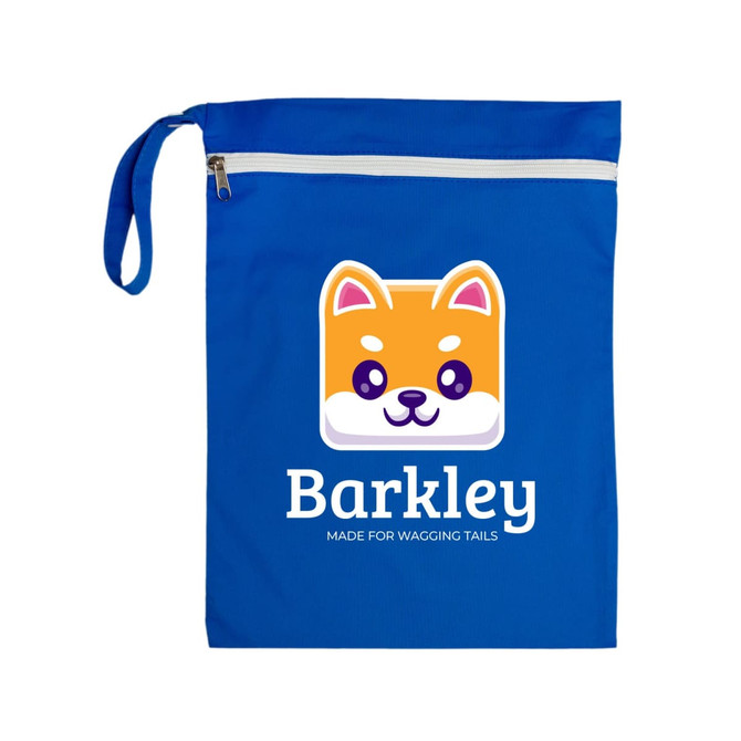 A blue storage pouch featuring a cartoon dog face and a logo, designed for pet accessories.