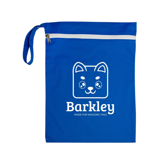 A blue pet accessory bag featuring a white logo of a cartoon dog face and a zippered closure.