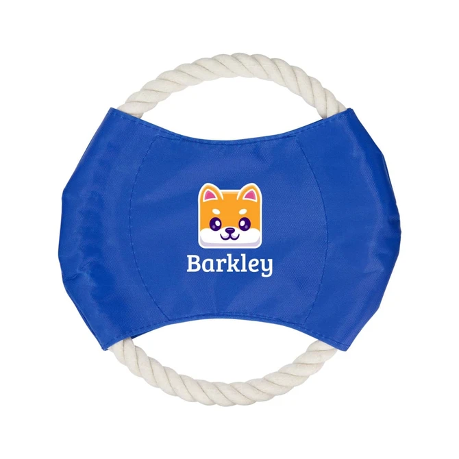 A blue dog toy with a rope handle and a logo featuring a cartoon dog.