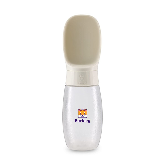 A transparent drink bottle with a white scoop lid, featuring a logo of a cartoon dog.