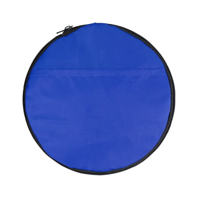 A round blue duffle bag with a zip closure, featuring a black trim and no visible branding.