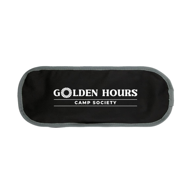 A black pouch with a grey trim, featuring a logo that reads "Golden Hours Camp Society."