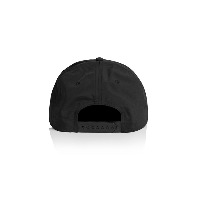 A black nylon cap featuring a rear snap closure and a logo on the back.