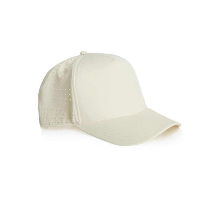 A perforated white cap with a curved brim and an understated design. It features a logo on the front.