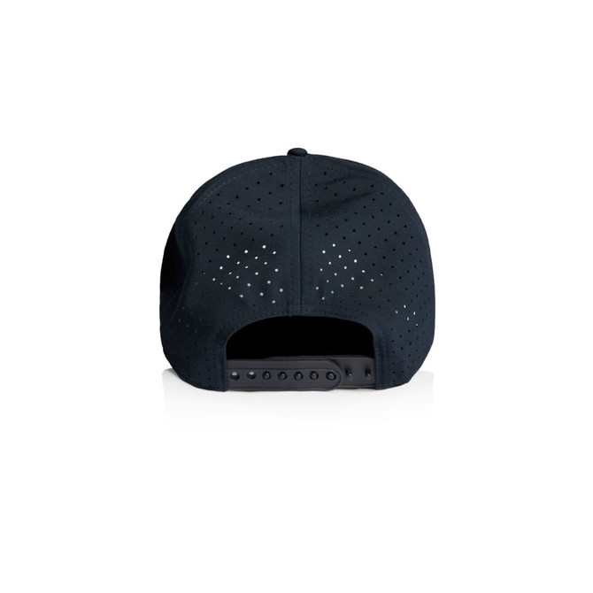 A navy perforated cap with a flat brim and adjustable strap at the back, featuring a logo.