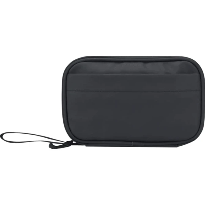 A black tech pouch with a zip closure and a wrist strap, featuring a textured fabric. It has a logo on the front.