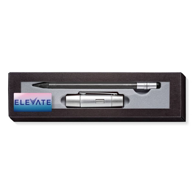 A pencil set featuring a metallic pencil and case, presented in a sleek black box with a branding logo.