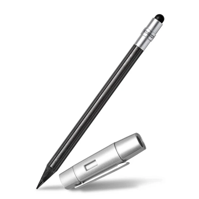 A pencil set with a black pencil and a silver casing, featuring a logo on the casing.