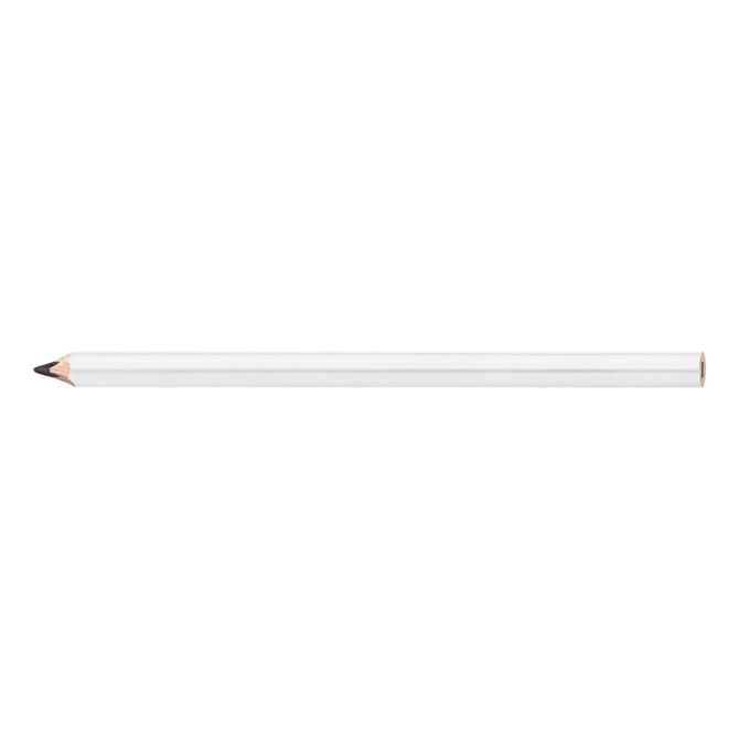 A carpenter's pencil in white with a sharpened graphite tip, featuring a simple design and a branding logo.