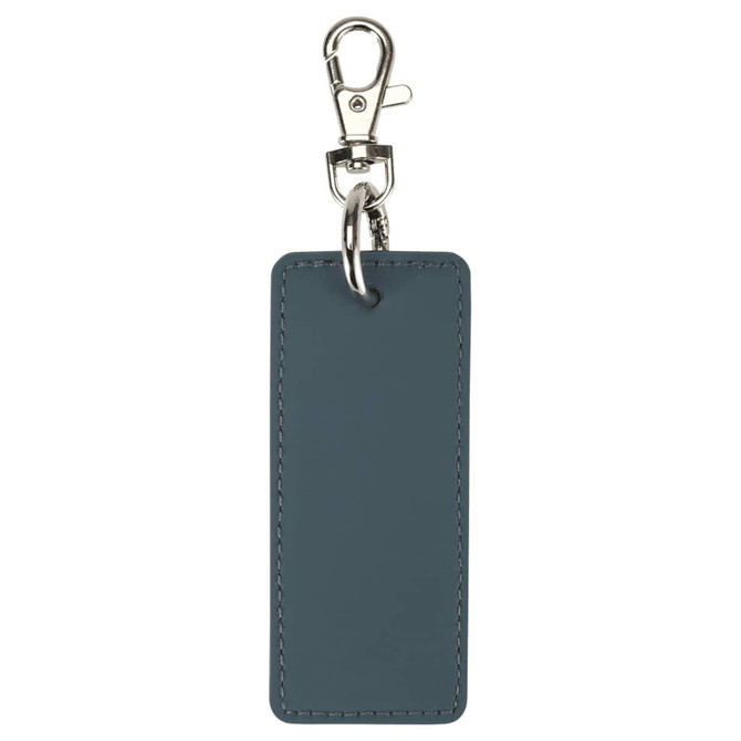 A rectangular keychain in a dark blue colour with a silver clip and ring attachment.