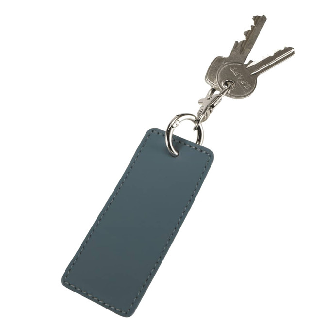A rectangle keychain in a blue hue, attached to a set of three keys. The keychain has a branding logo.
