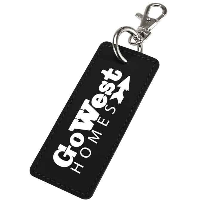 A black rectangular keychain with a silver clip and a logo on one side.