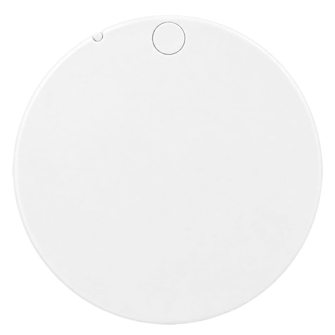 A round white makeup mirror with a small button on one side, featuring a simple and sleek design.