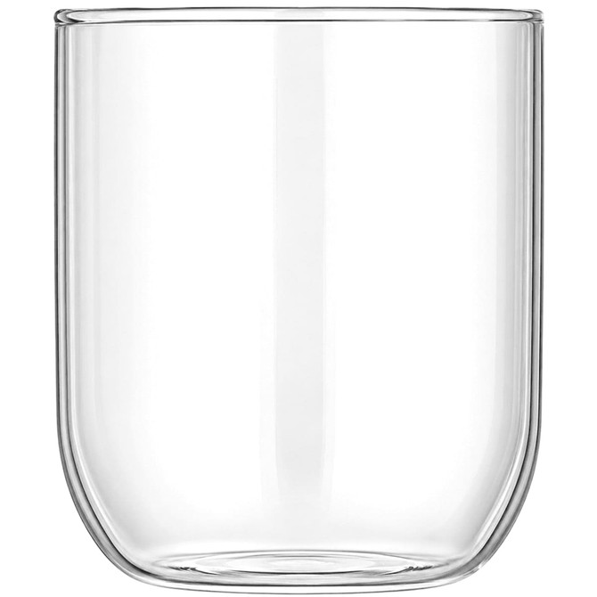 A clear glass carafe and cup set designed for beverages, featuring a sleek and minimalist design.