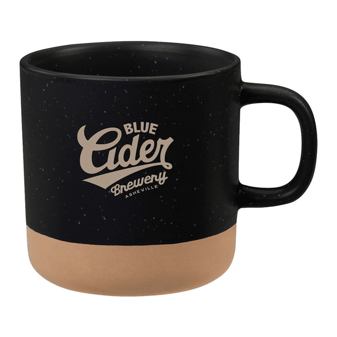 A 350ml artisanal ceramic coffee mug in black with a tan base, featuring a logo on the side.