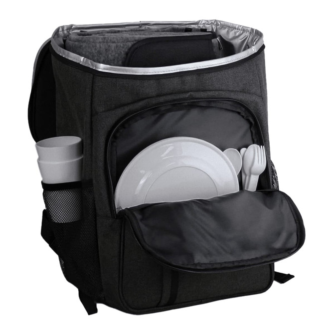 A grey insulated backpack with a plate, cutlery, and cups stored inside. Features side pockets and a logo.