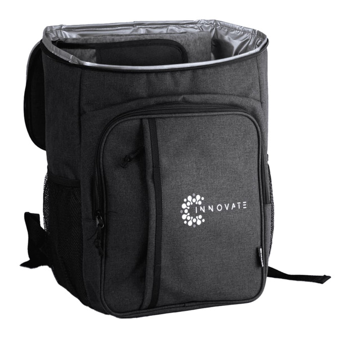 A grey picnic backpack with a spacious interior, zippered compartments, and a logo on the front.
