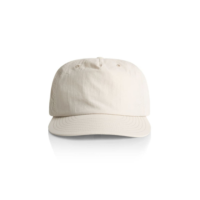 A beige cap featuring a rounded crown and a curved brim, with a logo on the front.