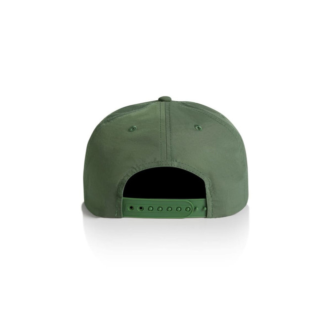 A green cap with a flat brim and adjustable strap at the back, featuring a logo.