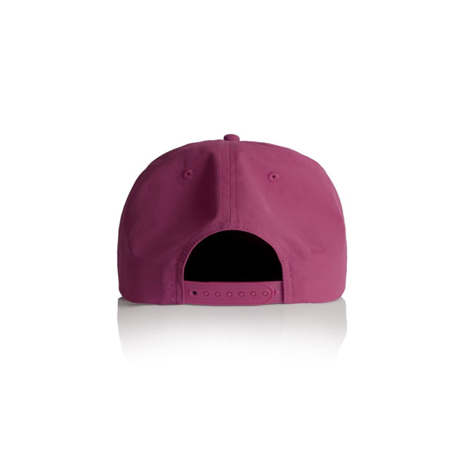 A pink cap with an adjustable strap at the back and a logo. The interior is black.