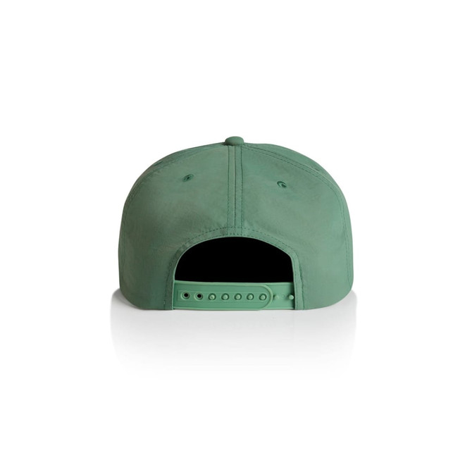 A green cap with a structured design and adjustable strap at the back. It features a logo.