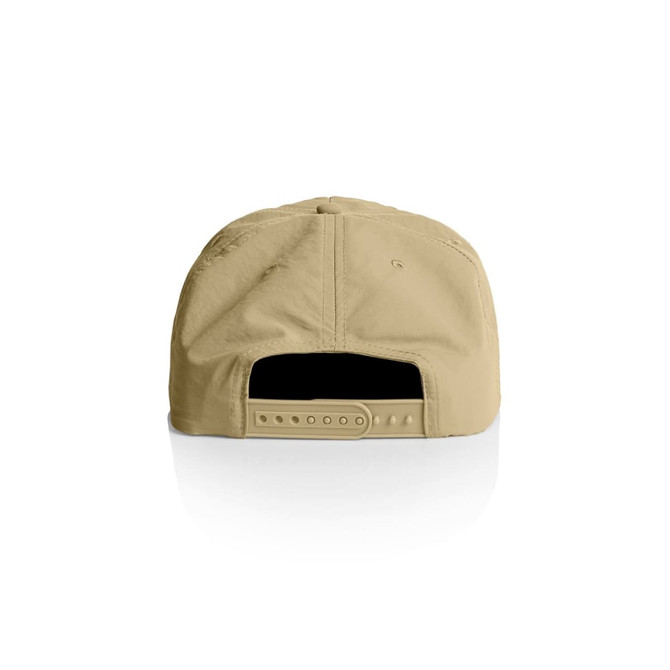 A beige Surf Cap featuring an adjustable strap at the back and a branded logo.