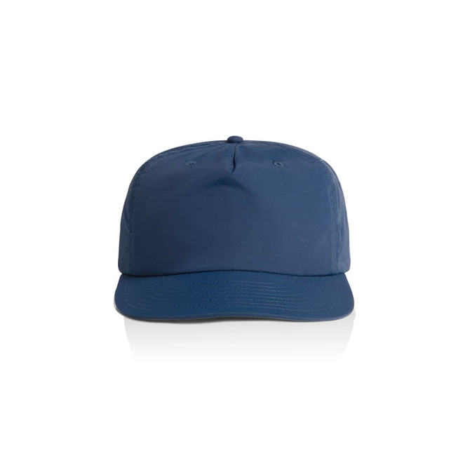 A navy blue cap featuring a flat brim and a structured design, with a logo on the front.